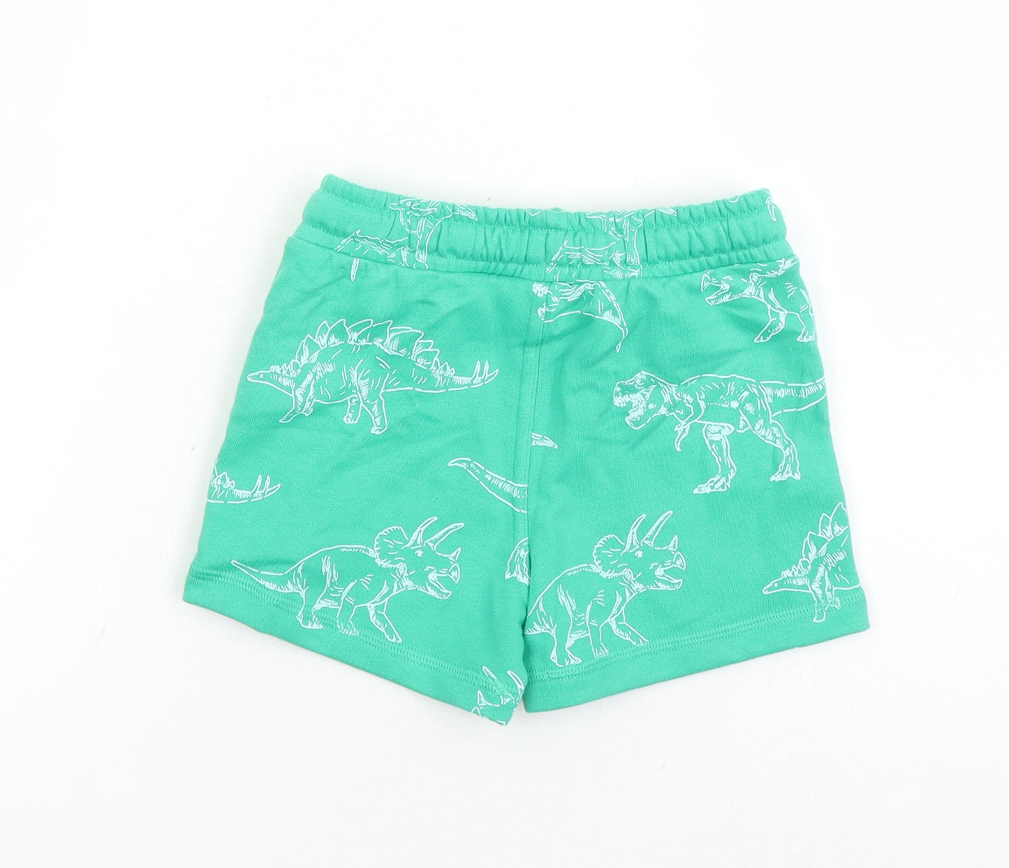 Marks and Spencer Boys Green Geometric Cotton Sweat Shorts Size 2-3 Years Regular Drawstring - Waist Size 22 inches Inside Leg 2 Inches Elasticated Waist Dinosaur Pattern