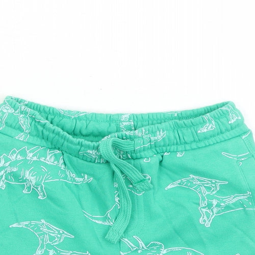 Marks and Spencer Boys Green Geometric Cotton Sweat Shorts Size 2-3 Years Regular Drawstring - Waist Size 22 inches Inside Leg 2 Inches Elasticated Waist Dinosaur Pattern