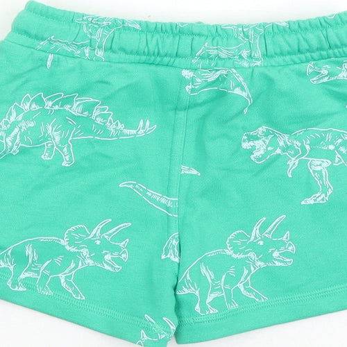 Marks and Spencer Boys Green Geometric Cotton Sweat Shorts Size 2-3 Years Regular Drawstring - Waist Size 22 inches Inside Leg 2 Inches Elasticated Waist Dinosaur Pattern