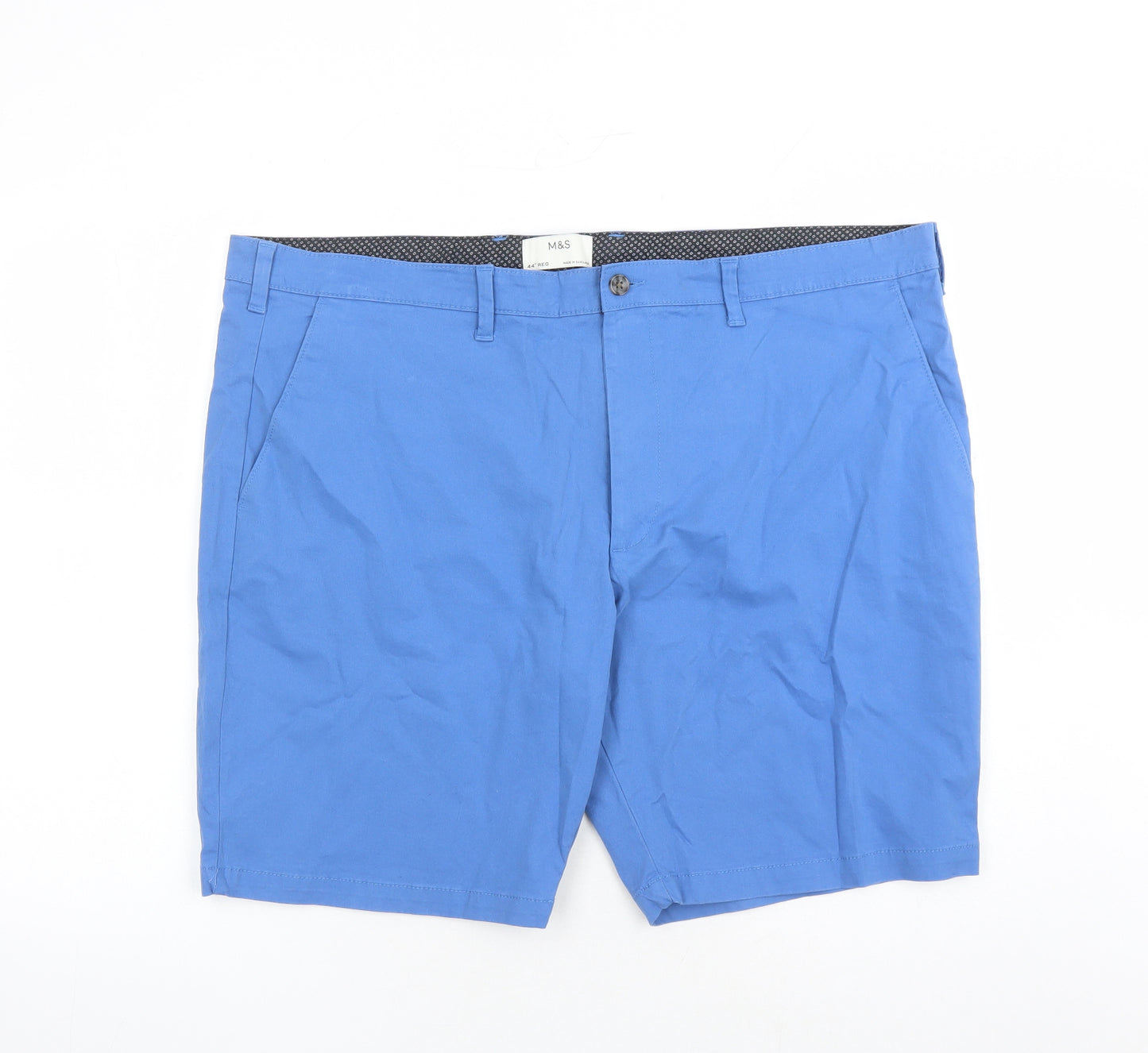 Marks and Spencer Mens Blue Cotton Chino Shorts Size 44 in L9 in Regular Zip - Pockets