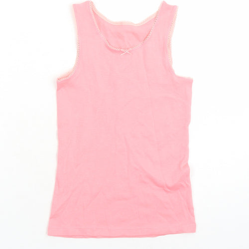 Marks and Spencer Girls Pink 100% Cotton Basic Tank Size 6-7 Years Round Neck Pullover - Bow Detail