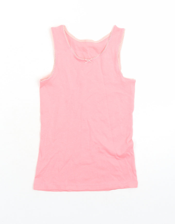 Marks and Spencer Girls Pink 100% Cotton Basic Tank Size 6-7 Years Round Neck Pullover - Bow Detail