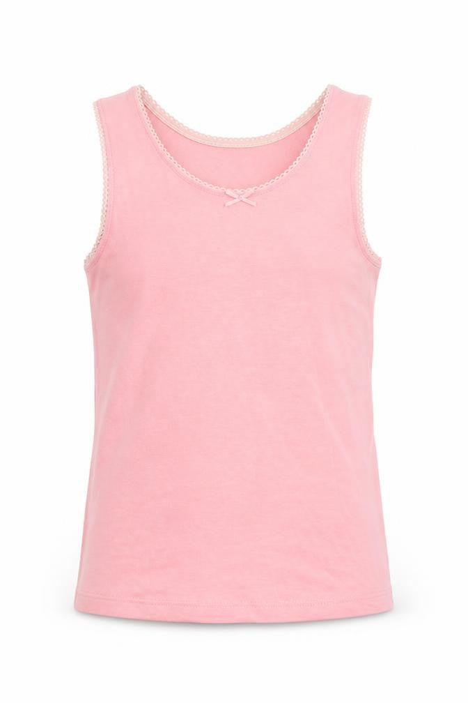 Marks and Spencer Girls Pink 100% Cotton Basic Tank Size 6-7 Years Round Neck Pullover - Bow Detail