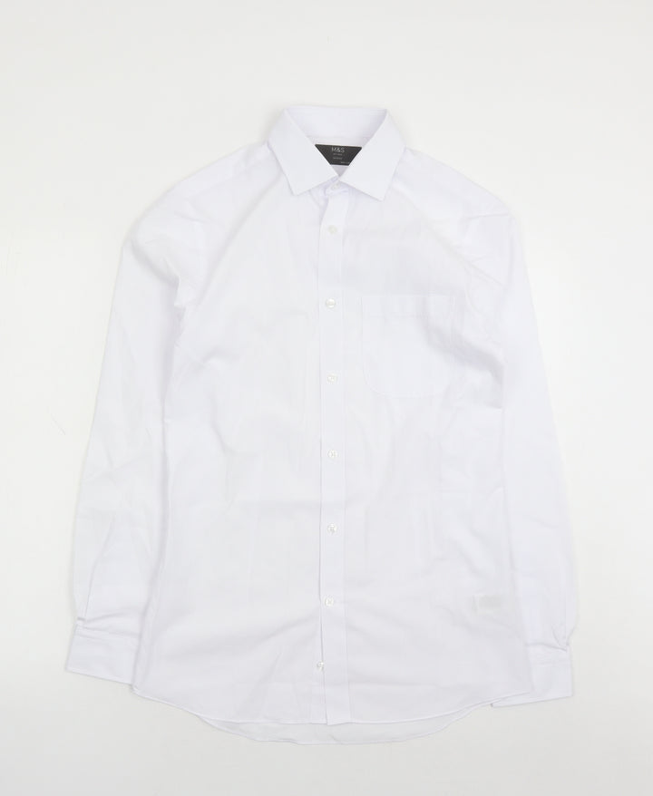 Marks and Spencer Mens White Polyester Button-Up Size 14.5 Collared Button