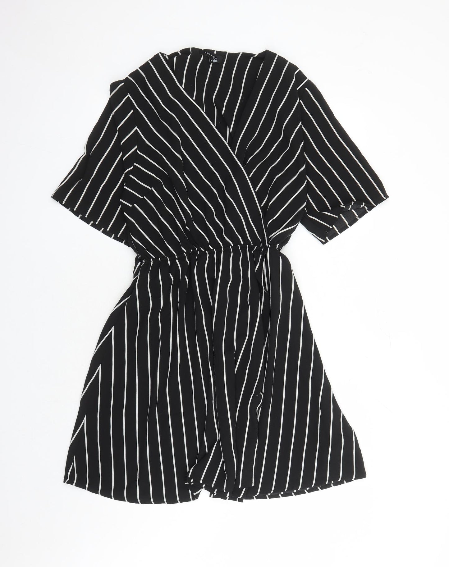 New Look Womens Black Striped Polyester A-Line Size 14 V-Neck Pullover