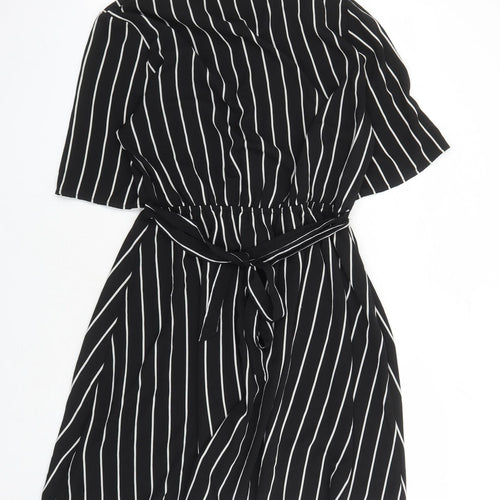 New Look Womens Black Striped Polyester A-Line Size 14 V-Neck Pullover