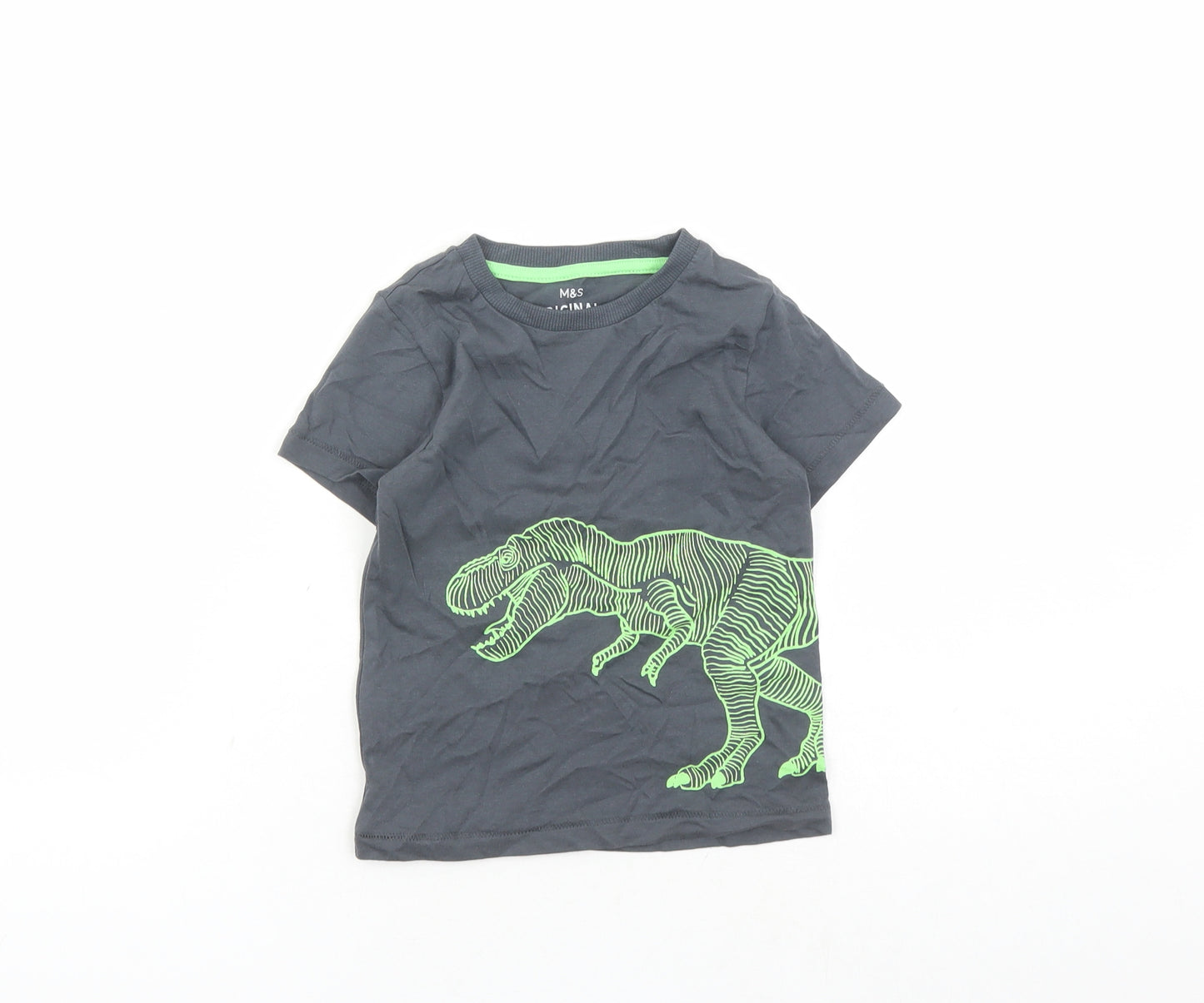 Marks and Spencer Boys Grey Cotton Basic T-Shirt Size 2-3 Years Crew Neck Pullover - Dinosaur