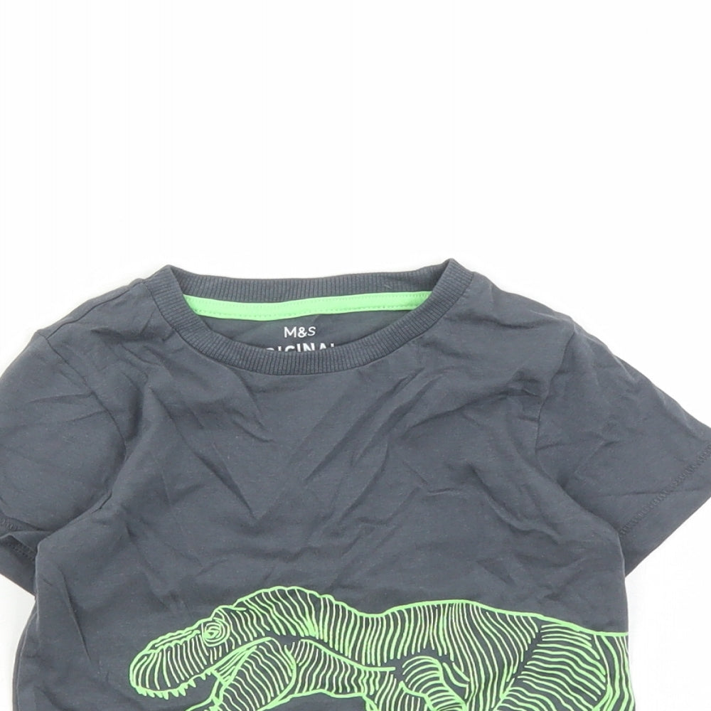 Marks and Spencer Boys Grey Cotton Basic T-Shirt Size 2-3 Years Crew Neck Pullover - Dinosaur