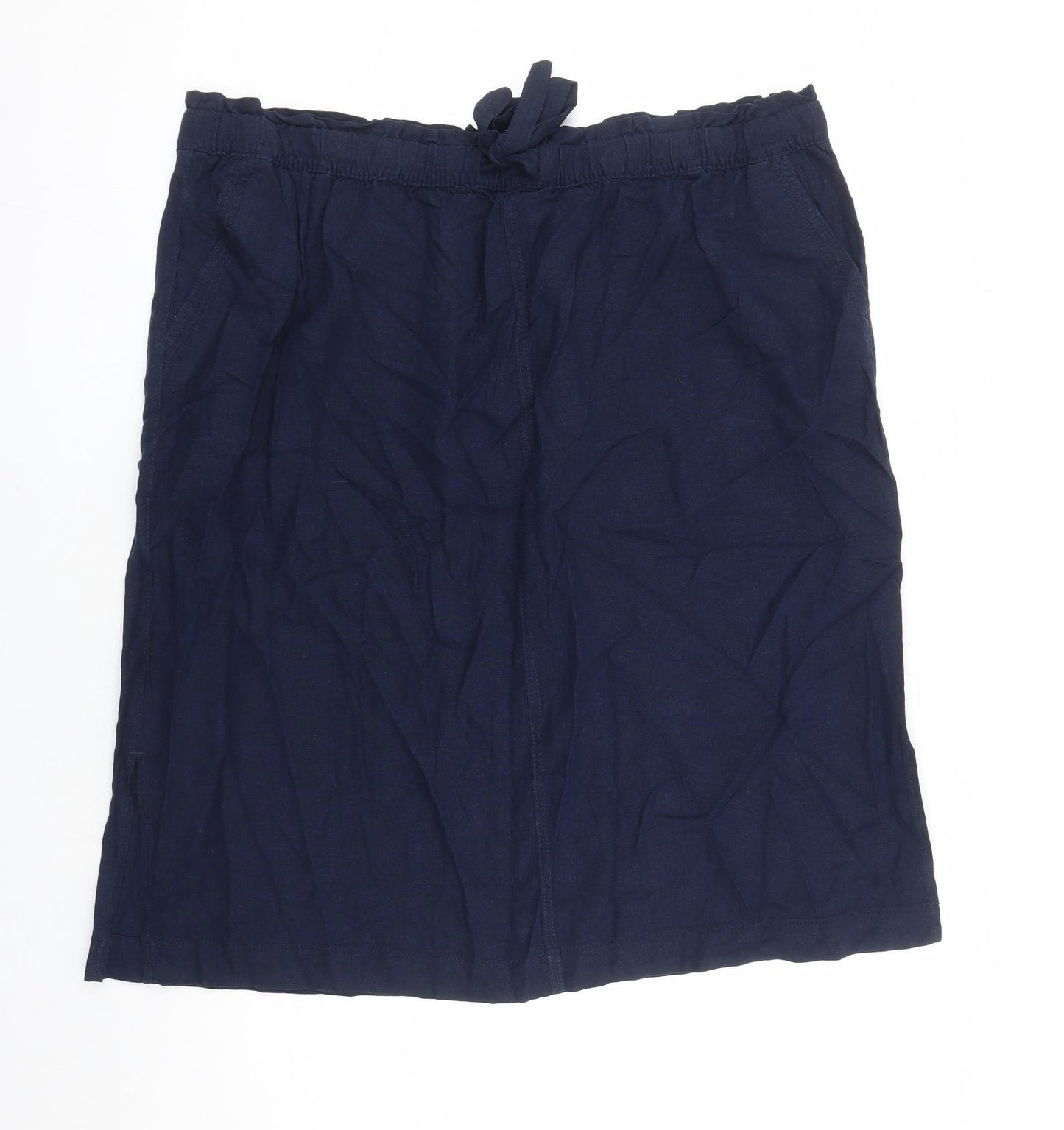 Marks and Spencer Womens Blue Flax A-Line Skirt Size 24 Drawstring - Elasticated Waist Pockets Side Spilt Detail