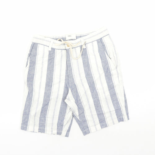 Marks and Spencer Mens White Striped Faux Leather Chino Shorts Size 30 in L9 in Regular Zip - Elasticated Waist Pockets