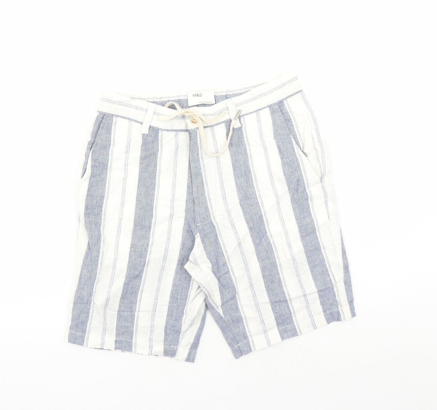 Marks and Spencer Mens White Striped Faux Leather Chino Shorts Size 30 in L9 in Regular Zip - Elasticated Waist Pockets