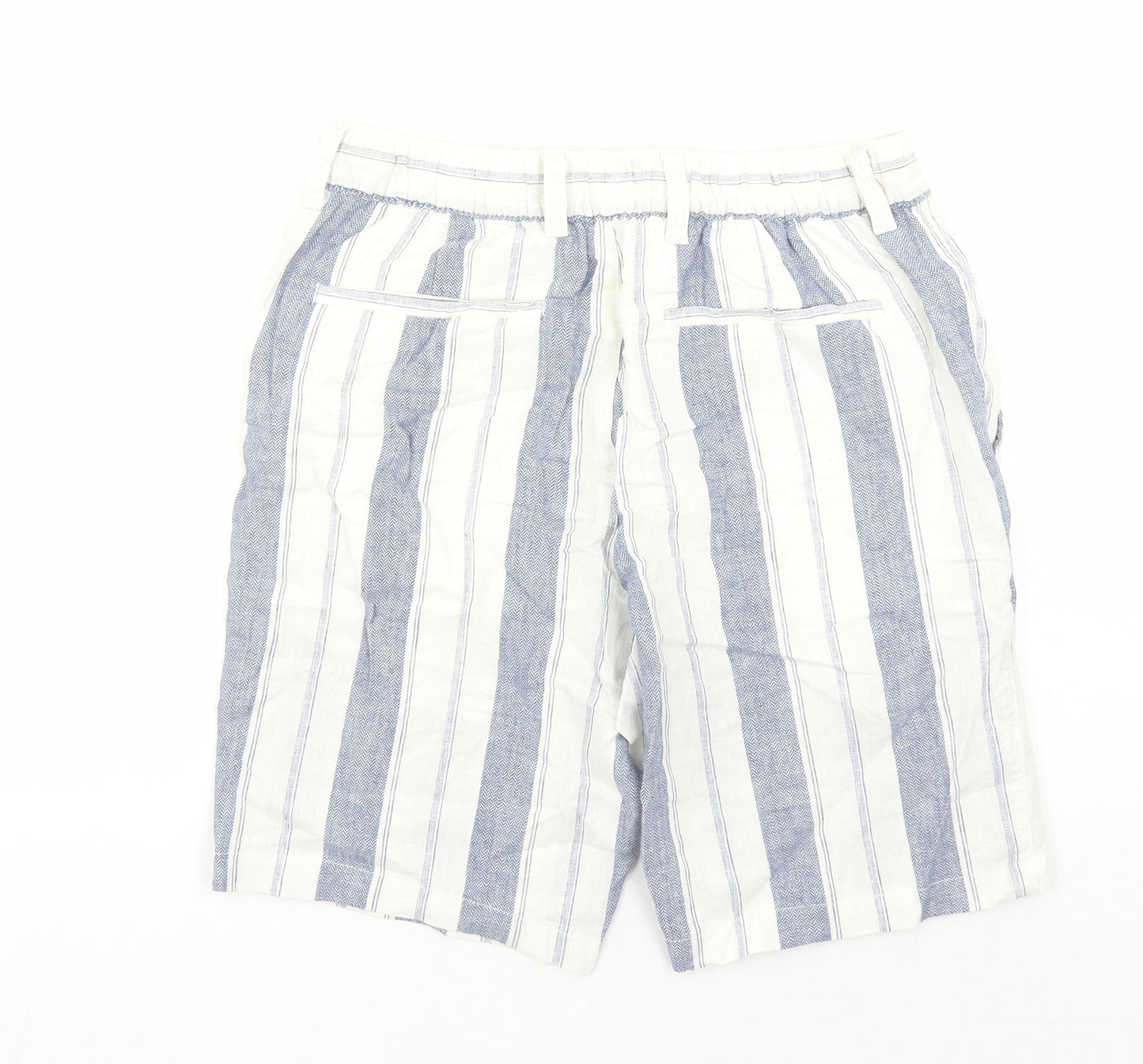 Marks and Spencer Mens White Striped Faux Leather Chino Shorts Size 30 in L9 in Regular Zip - Elasticated Waist Pockets