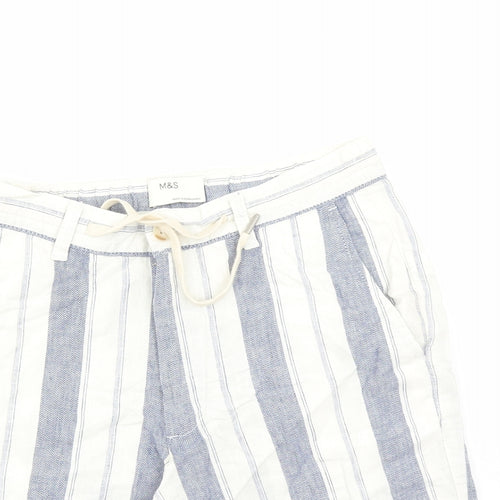 Marks and Spencer Mens White Striped Faux Leather Chino Shorts Size 30 in L9 in Regular Zip - Elasticated Waist Pockets