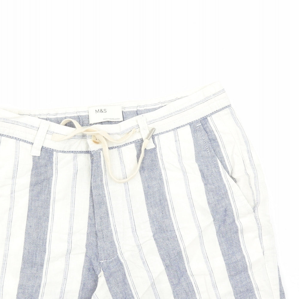 Marks and Spencer Mens White Striped Faux Leather Chino Shorts Size 30 in L9 in Regular Zip - Elasticated Waist Pockets