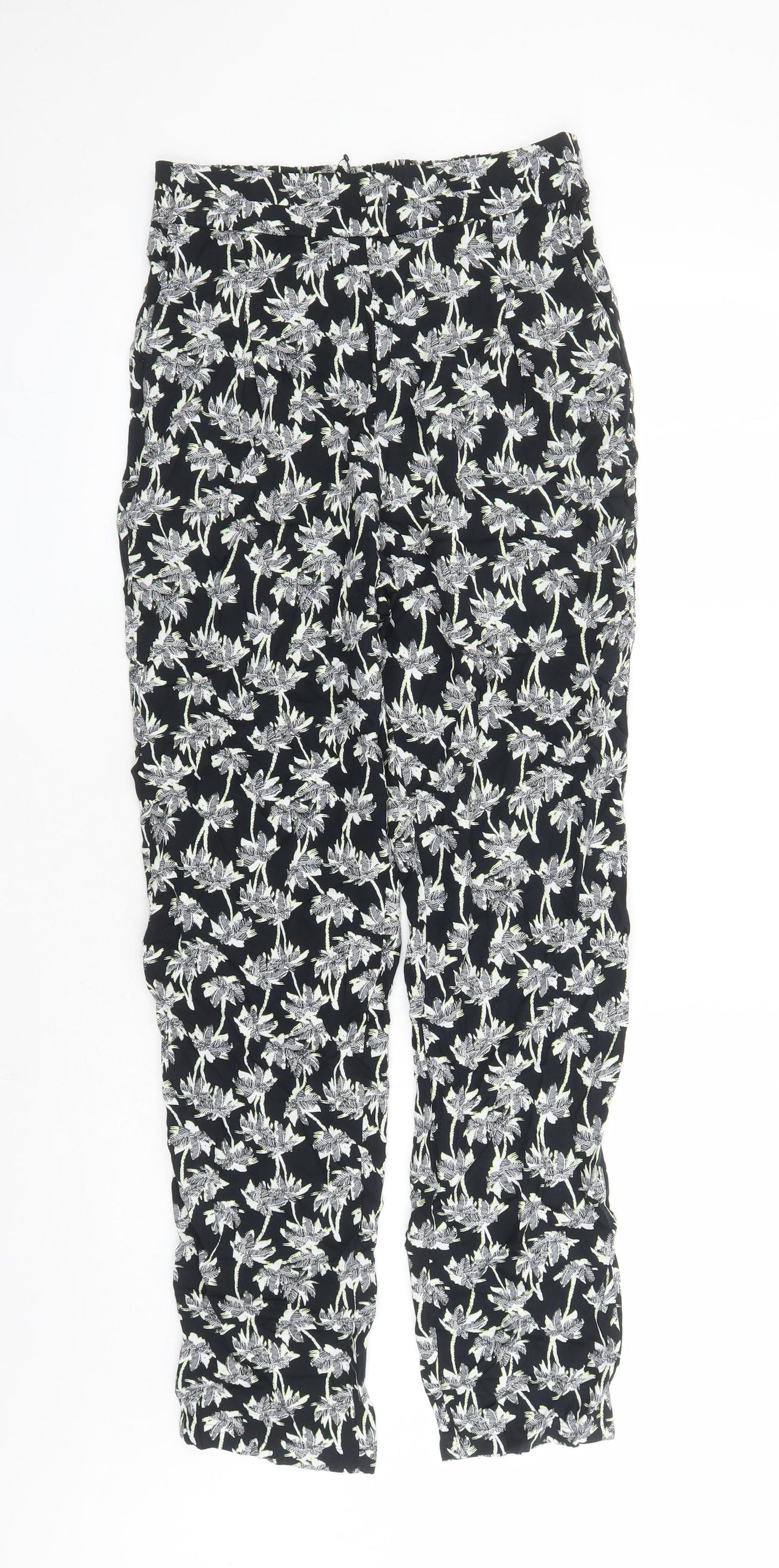 Marks and Spencer Womens Black Geometric Viscose Carrot Trousers Size 8 L29 in Regular - Elasticated Waist Long Leg