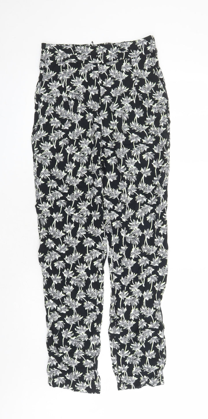 Marks and Spencer Womens Black Geometric Viscose Carrot Trousers Size 8 L29 in Regular - Elasticated Waist Long Leg