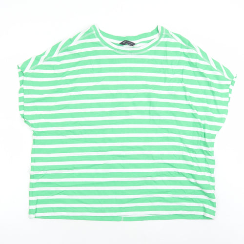Marks and Spencer Womens Green Striped 100% Cotton Basic T-Shirt Size 20 Round Neck