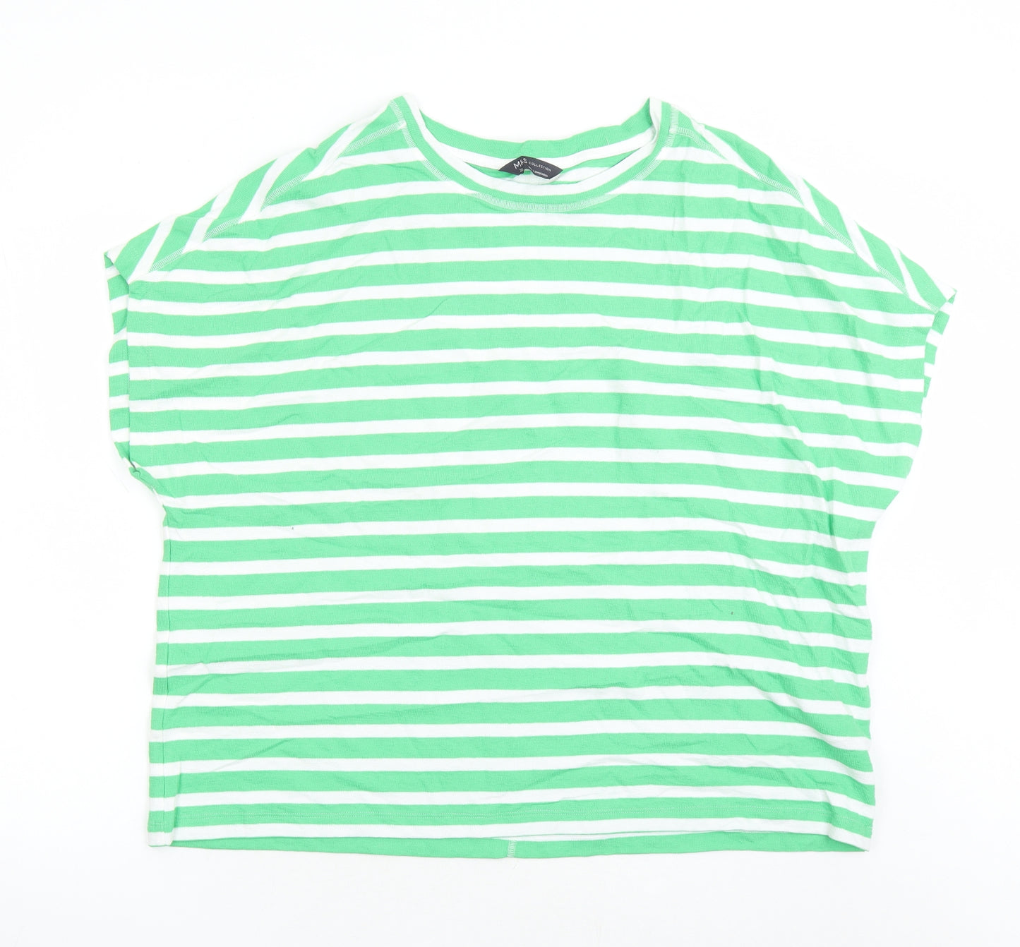 Marks and Spencer Womens Green Striped 100% Cotton Basic T-Shirt Size 20 Round Neck