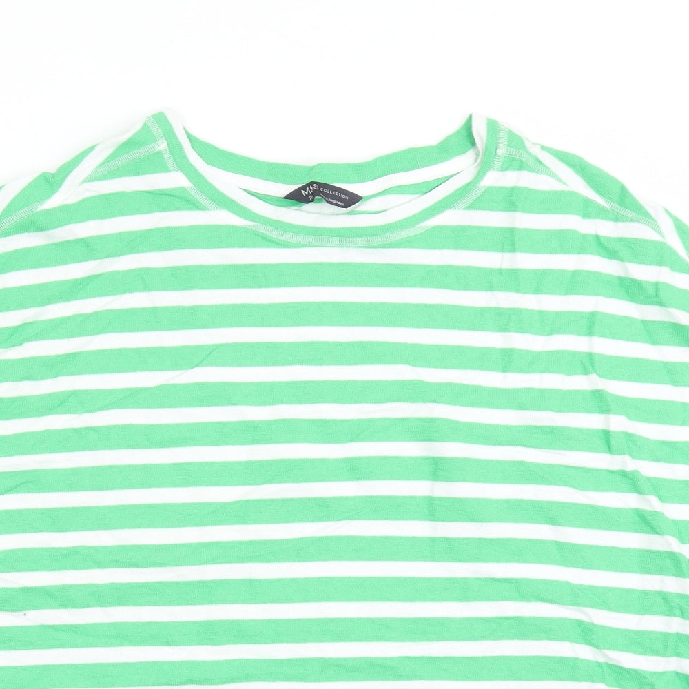Marks and Spencer Womens Green Striped 100% Cotton Basic T-Shirt Size 20 Round Neck