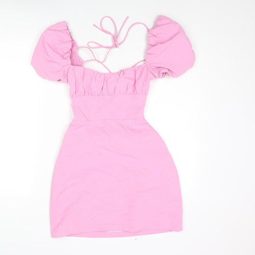 Zara Womens Pink Viscose Mini Size S Square Neck Lace Up - Open Back Rouched