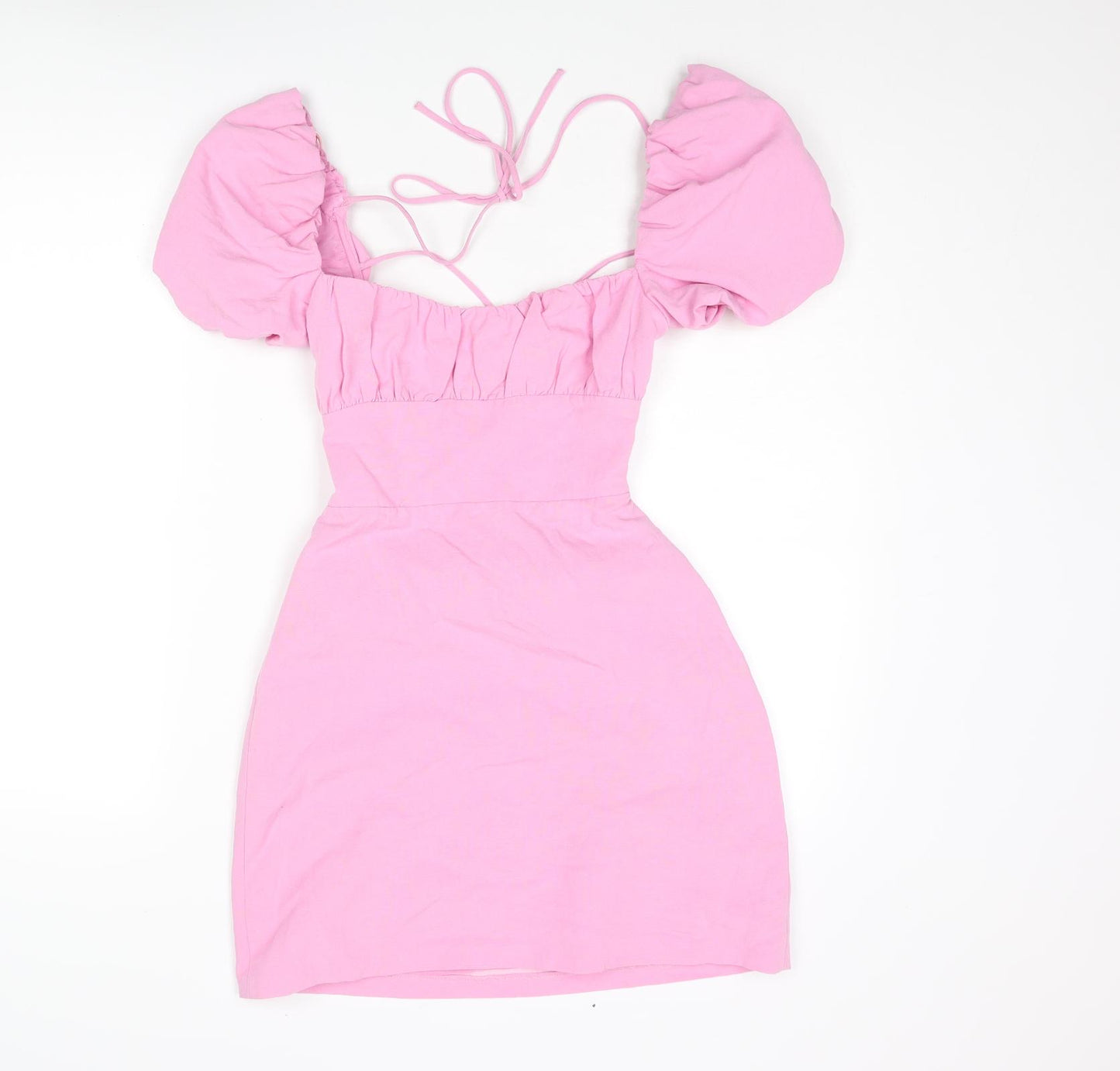 Zara Womens Pink Viscose Mini Size S Square Neck Lace Up - Open Back Rouched