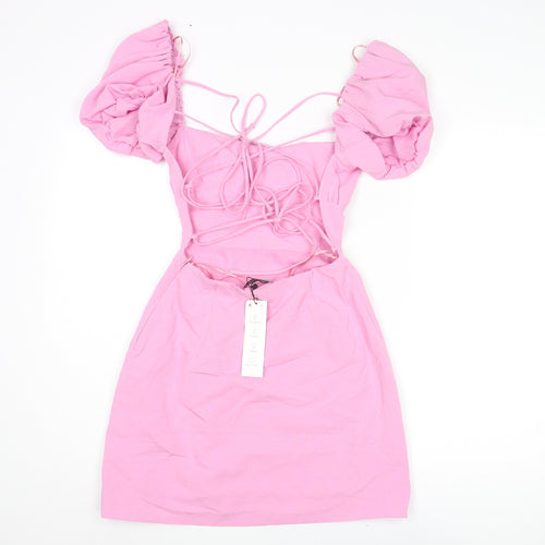 Zara Womens Pink Viscose Mini Size S Square Neck Lace Up - Open Back Rouched
