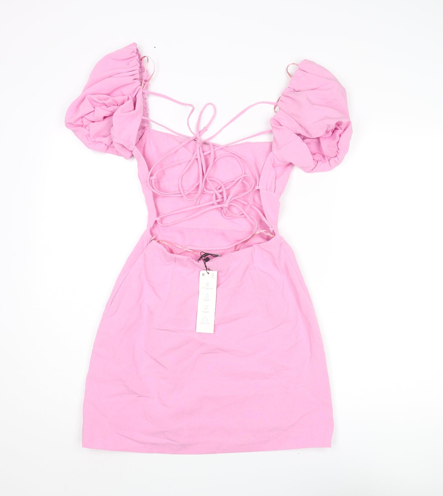Zara Womens Pink Viscose Mini Size S Square Neck Lace Up - Open Back Rouched