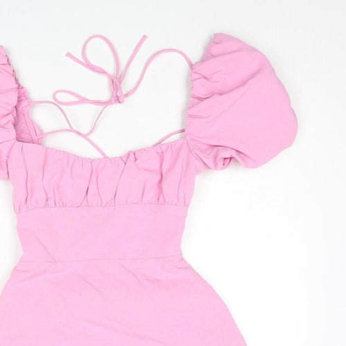 Zara Womens Pink Viscose Mini Size S Square Neck Lace Up - Open Back Rouched