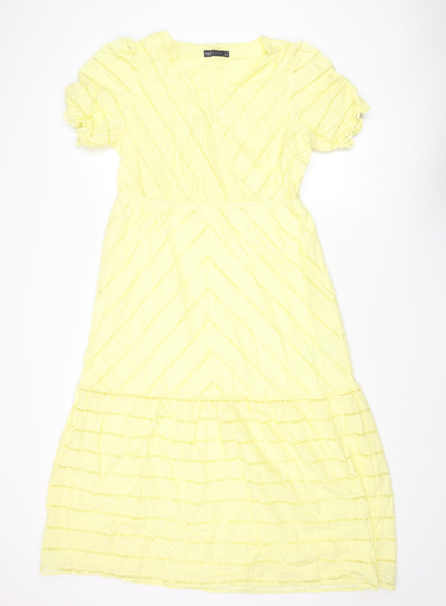 Marks and Spencer Womens Yellow Cotton Shift Size 14 V-Neck Pullover - Geometric Cut Out
