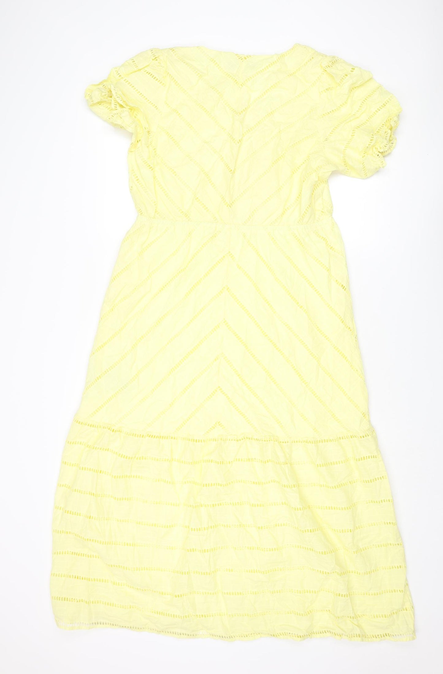 Marks and Spencer Womens Yellow Cotton Shift Size 14 V-Neck Pullover - Geometric Cut Out