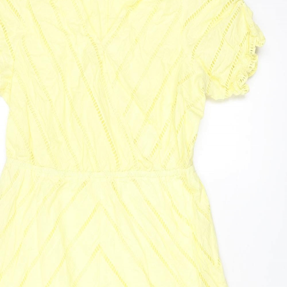 Marks and Spencer Womens Yellow Cotton Shift Size 14 V-Neck Pullover - Geometric Cut Out