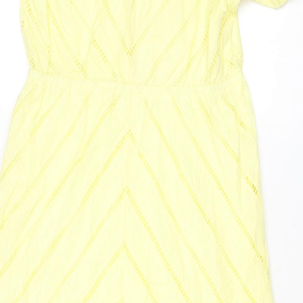 Marks and Spencer Womens Yellow Cotton Shift Size 14 V-Neck Pullover - Geometric Cut Out