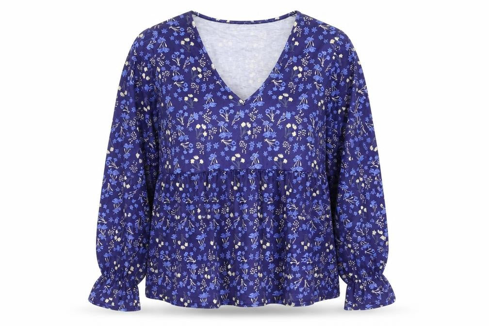Front view of In the Style women’s blue floral polyester basic blouse, size UK 16, v-neck - peplum