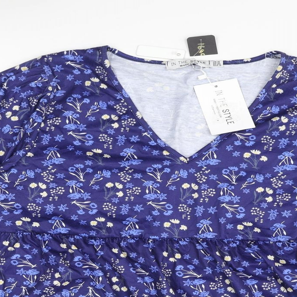In the Style Womens Blue Floral Polyester Basic Blouse Size 16 V-Neck - Peplum