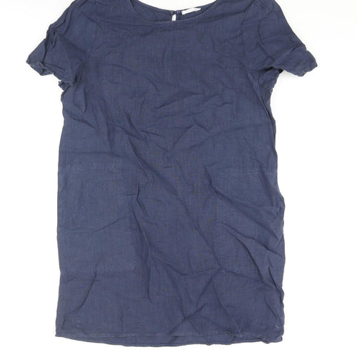 GLAM Womens Blue Linen Shift Size M Round Neck Button