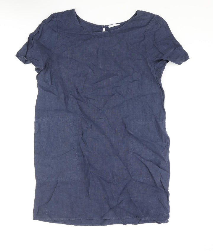 GLAM Womens Blue Linen Shift Size M Round Neck Button