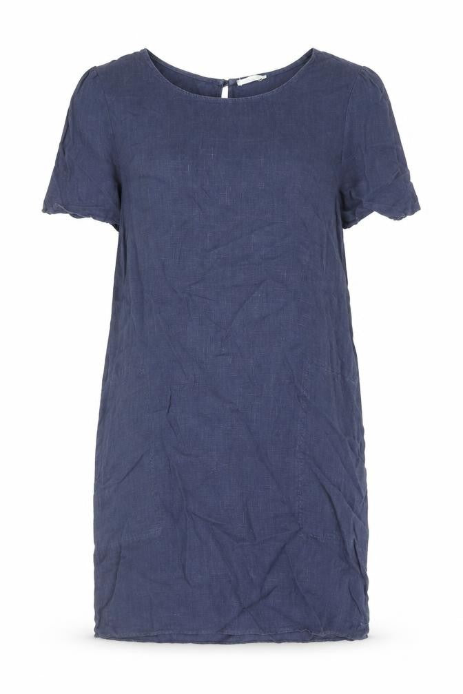 Front view of GLAM women’s blue linen shift, size M, round neck button