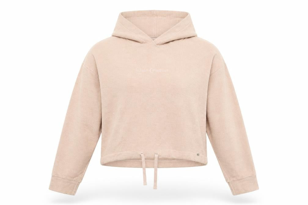 Front view of Pacific Republic women’s pink cotton pullover hoodie, size S, pullover - universe creature textured
