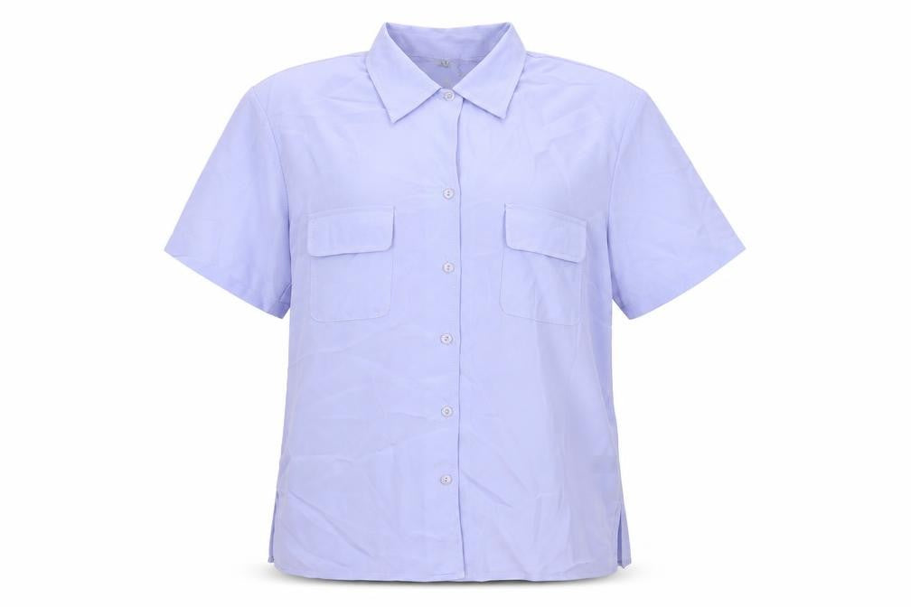 Front view of Style Collection women’s purple polyester basic button-up, size UK 14, collared
