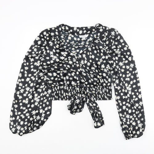 Topshop Womens Black Floral Polyester Basic Blouse Size 8 V-Neck - Bow Rouched