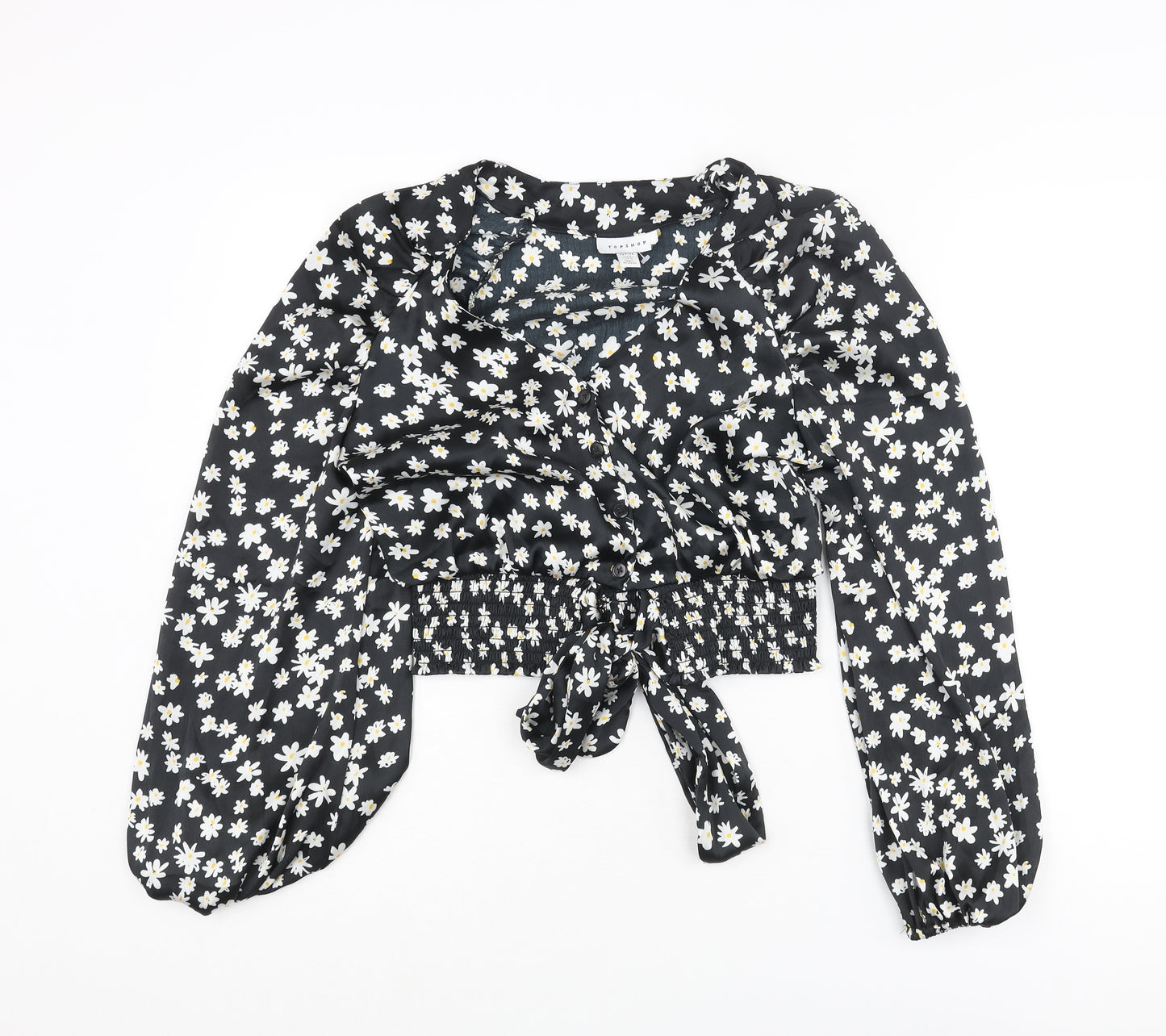 Topshop Womens Black Floral Polyester Basic Blouse Size 8 V-Neck - Bow Rouched