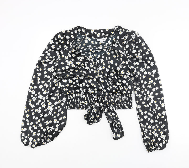 Topshop Womens Black Floral Polyester Basic Blouse Size 8 V-Neck - Bow Rouched