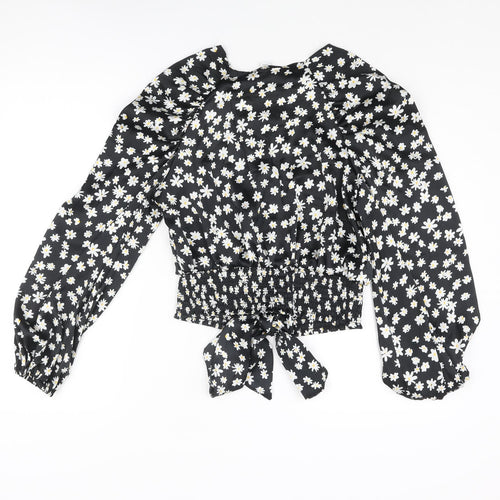 Topshop Womens Black Floral Polyester Basic Blouse Size 8 V-Neck - Bow Rouched