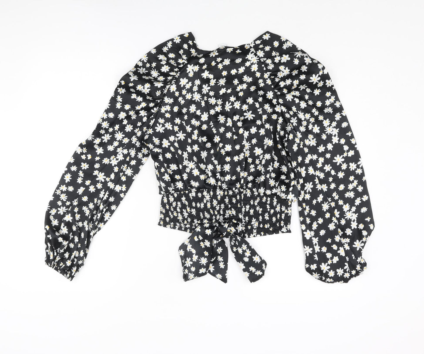 Topshop Womens Black Floral Polyester Basic Blouse Size 8 V-Neck - Bow Rouched