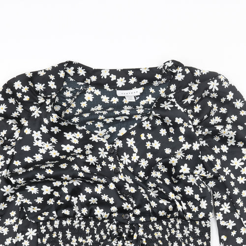 Topshop Womens Black Floral Polyester Basic Blouse Size 8 V-Neck - Bow Rouched