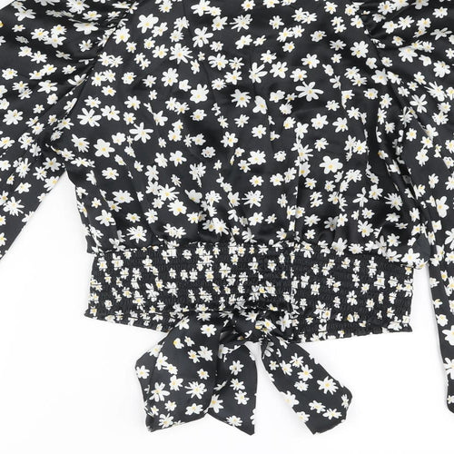 Topshop Womens Black Floral Polyester Basic Blouse Size 8 V-Neck - Bow Rouched
