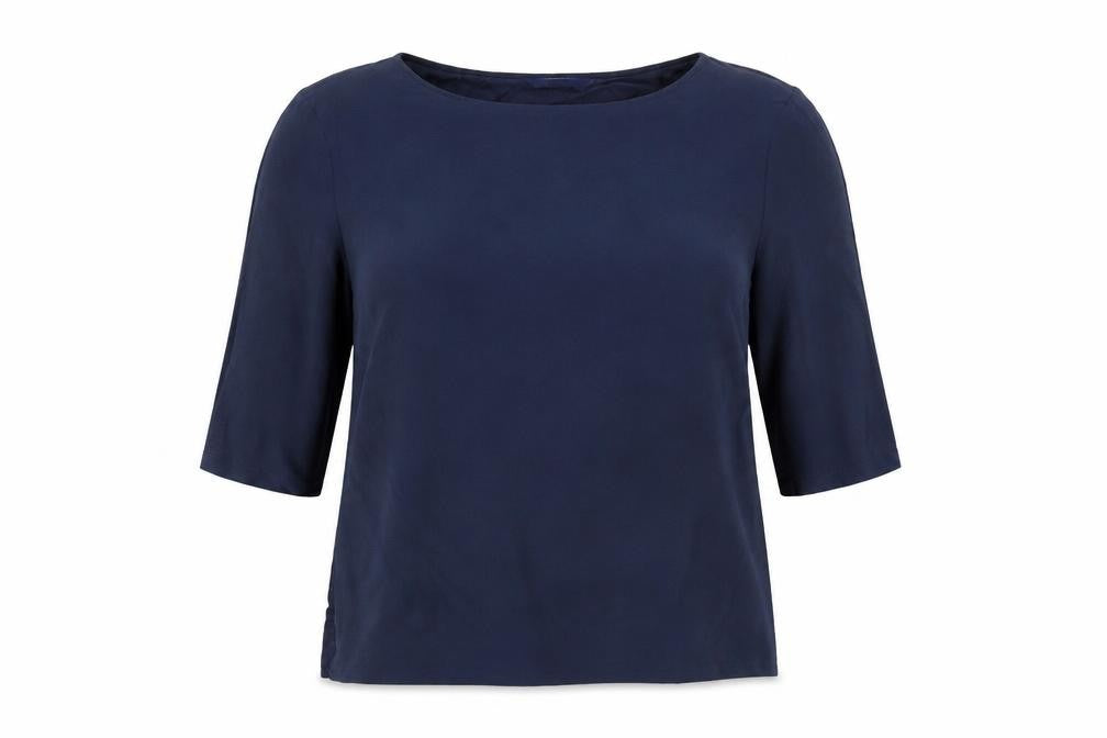 Front view of Next women’s blue polyester basic blouse, size UK 14, round neck - sleeve cut out