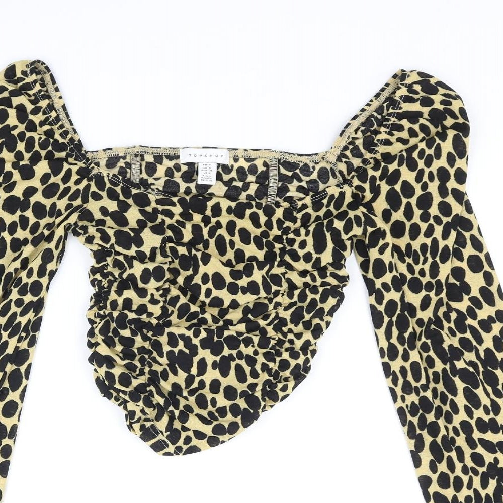 Topshop Womens Multicoloured Animal Print Polyester Basic Blouse Size 8 Scoop Neck - Cheetah Print Rouched