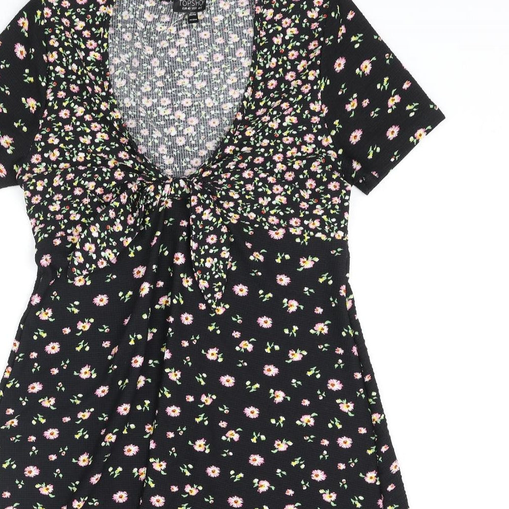 Topshop Womens Multicoloured Floral Polyester A-Line Size 12 V-Neck Pullover - Knot Detail