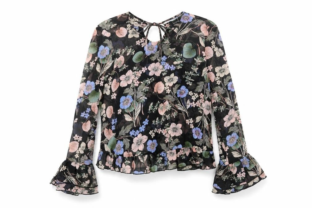 Front view of Boohoo women’s multicoloured floral polyester basic blouse, size UK 8, round neck - semi sheer frill